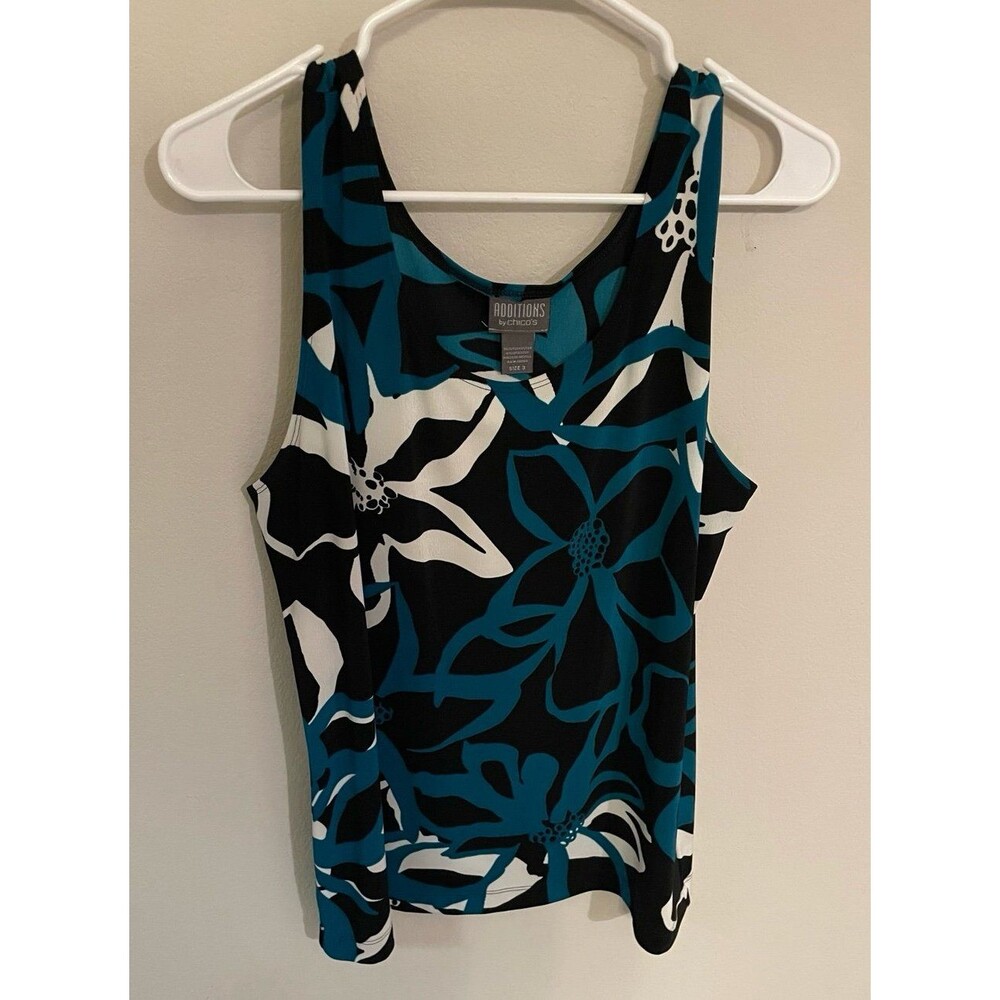 Teal, Black & White Flowers Chico’s Women’s Microfiber Tank Cami Shirt, Size 3